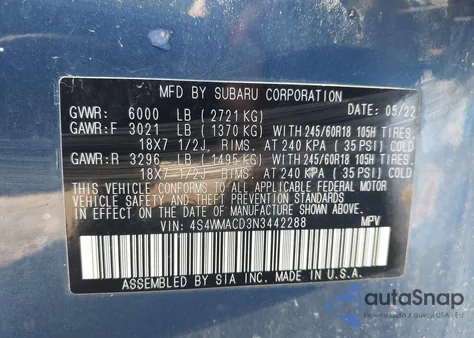 2022 Subaru Ascent из США, поврежденный, VIN 4S4WMACP3N3442288